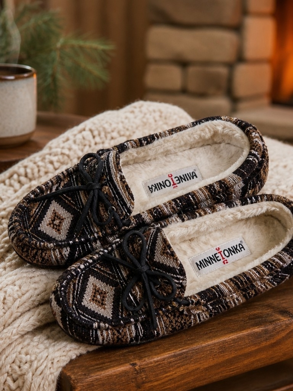Minnetonka Faux Shearling Moccasin Slippers in Brown Aztec